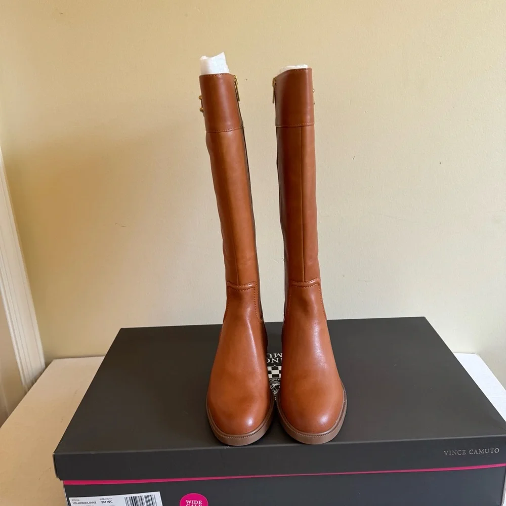 Vince Camuto Boots ANDALIAN Wide Calf Leather Riding Golden Walnut NEW